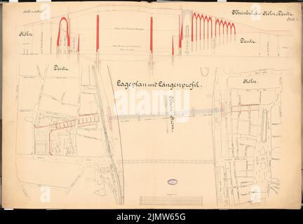 Hentrich Hubert, Straßenbrücke Köln-Deutz. Schinkel-Wettbewerb 1892 (1892): Lageplan; Längenprofil 1: 1000. Tusche, Tusche farbig, Aquarell über Druck auf Karton, 82,2 x 118,4 cm (inklusive Scankanten) Hentrich Hubert : Straßenbrücke Köln-Deutz. Schinkelwettbewerb 1892 Stockfoto