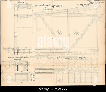 Hentrich Hubert, Straßenbrücke Köln-Deutz. Schinkel Wettbewerb 1892: Cremeträger. Schnitte, Grundriß 1:25, 1:10. Tinte, Tinte farbig auf Karton, 98,00 x 121,20 cm (inklusive Scankante). Architekturmuseum der Technischen Universität Berlin Inv. Nr. SW-I 1892,2-03. Hentrich Hubert : Straßenbrücke Köln-Deutz. Schinkelwettbewerb 1892 Stockfoto