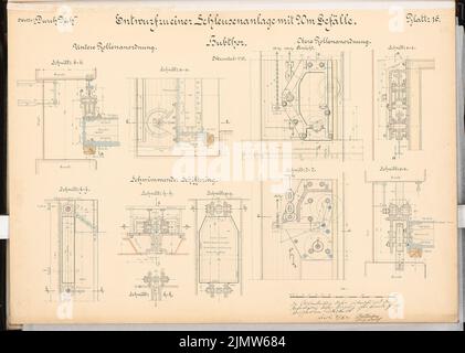 Wattenberg Ernst, Schleusenanlage bei Waren/Müritz. Schinkel Wettbewerb 1900 (04.11.1901): Hilter Toransicht, Schnitt 1:10. Tusche Aquarell auf der Schachtel, 50,3 x 70,6 cm (inklusive Scankanten) Wattenberg Ernst : Schleusenanlage, Waren/Müritz. Schinkelwettbewerb 1900 Stockfoto