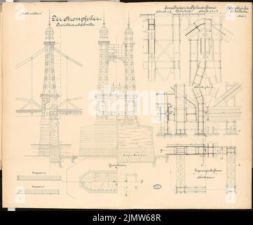 Hentrich Hubert, Straßenbrücke Köln-Deutz. Schinkel-Wettbewerb 1892: Power-Säule. Ansichten, Schnitte, Grundrisse 1: 100, 1:25. Tinte, Tinte farbig, Aquarell auf Karton, 97,70 x 120,80 cm (inkl. Scanrand). Architekturmuseum der Technischen Universität Berlin Inv. Nr. SW-I 1892,2-08. Hentrich Hubert : Straßenbrücke Köln-Deutz. Schinkelwettbewerb 1892 Stockfoto