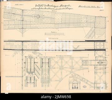 Hentrich Hubert, Straßenbrücke Köln-Deutz. Schinkel Wettbewerb 1892: Endfeld des Auslegers - Obergurt - und bewegliche Verbindung des schwimmenden Trägers. Schnitte, Grundriß 1:25, 1:10. Tinte, Tinte farbig auf Karton, 98,00 x 120,60 cm (inklusive Scankante). Architekturmuseum der Technischen Universität Berlin Inv. Nr. SW-I 1892,2-06. Hentrich Hubert : Straßenbrücke Köln-Deutz. Schinkelwettbewerb 1892 Stockfoto