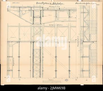 Hentrich Hubert, Straßenbrücke Köln-Deutz. Schinkel Wettbewerb 1892 (1892): Roadway. Details: Schnitte, Grundriß 1:10. Tinte, Tinte farbig auf Karton, 101,3 x 122,1 cm (inklusive Scankanten) Hentrich Hubert : Straßenbrücke Köln-Deutz. Schinkelwettbewerb 1892 Stockfoto