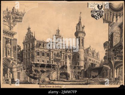 Sehring Bernhard (1855-1941), Schloss Schopau bei Merseburg (ohne dat.): Perspektivische Ansichten, aufgeklebt auf einer kleinen Zeichnung mit Wappen. Tusche Aquarell auf der Schachtel, 37 x 51,5 cm (inklusive Scan-Kanten) Sehring Bernhard (1855-1941): Schloss Schkopau Stockfoto