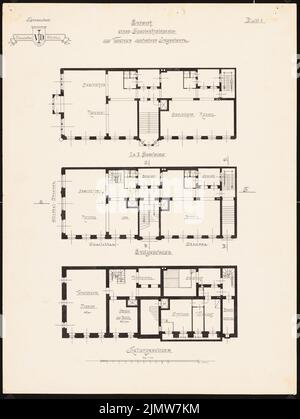 Unbekannter Architekt, Geschäftsgebäude für den Verband Deutscher Ingenieure (1894-1894): Grundrisse KG, EG, 1. und 2. Stock 1: 100, Maßstab bar. Tinte auf Karton, 65,2 x 49 cm (einschließlich Scankanten) N.N. : Geschäftshaus für den Verein Deutscher Ingenieure, Berlin Stockfoto