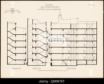 Unbekannter Architekt, Geschäftsgebäude für den Verband deutscher Ingenieure (1894-1894): Schnitte A-B, C-D, E-F 1: 100, Maßstabsbalken. Tinte auf Karton, 49 x 64,7 cm (einschließlich Scankanten) N.N. : Geschäftshaus für den Verein Deutscher Ingenieure, Berlin Stockfoto