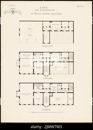 Unbekannter Architekt, Geschäftsgebäude für den Verband der deutschen Ingenieure (1894-1894): Grundriß 3. und 4. Stock, Dachgeschoss (1: 100). Tinte auf Karton, 65 x 49 cm (einschließlich Scankanten) N.N. : Geschäftshaus für den Verein Deutscher Ingenieure, Berlin Stockfoto