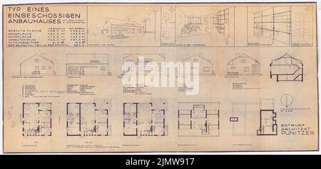 Punitzer Martin (1889-1949), Entwurf eines einstöckigen Anbaus (ohne Datum): 5 Grundrisse, Schnitt, 5 Ansichten, perspektivische Ansicht, 2 perspektivische Innenansichten 1: 100. Leichter Bruch auf Papier, 53,6 x 111,4 cm (inklusive Scankanten) Punitzer Martin (1889-1949): Entwurf eines eingeschossigen Anbauhauses Stockfoto