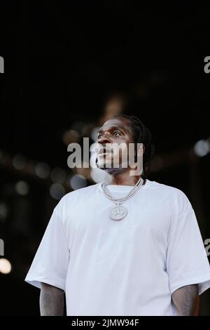 San Francisco, USA. 07. August 2022. Pusha T tritt auf der Lands End Stage während des Outside Lands 2022 Music and Arts Festival auf, das am 7. August 2022 im Golden Gate Bridge Park in San Francisco, CA, stattfindet. (Foto von Alive Coverage/Sipa USA) Quelle: SIPA USA/Alamy Live News Stockfoto