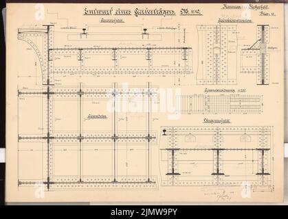 Jänecke Louis, Erweiterung der Berliner Stadtbahn. Schinkel Wettbewerb 1905 (26. November 1906): Gerbergerräger. Schnitte, Grundriß 1:10, Schema 1: 200. Tinte, Tinte farbig auf Karton, 51,2 x 71,5 cm (inklusive Scankanten) Jänecke Louis : Ausbau der Berliner Stadtbahn. Schinkelwettbewerb 1905 Stockfoto