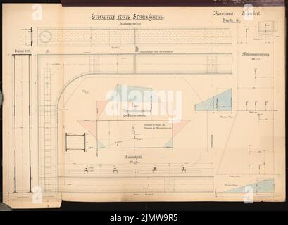 Jänecke Louis, Erweiterung der Berliner Stadtbahn. Schinkel Wettbewerb 1905 (26. November 1906): Steifer Rahmen. Ansicht, Grundriß, Schnitt 1:15, Kräfte. Tusche, Tusche farbig Aquarell auf der Schachtel, 73,1 x 99,6 cm (inklusive Scan-Kanten) Jänecke Louis : Ausbau der Berliner Stadtbahn. Schinkelwettbewerb 1905 Stockfoto