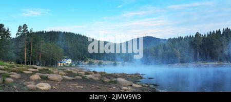 Morgennebel am See Stockfoto