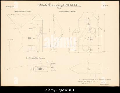 Protscher Otto, Umbau der Militär- und Schleusenanlagen in der Weser bei Hameln. Schinkel-Wettbewerb 1912 (03/12/1912): Oberbrigade: Statische Prüfung der Mittelsäule. Schemata, erzwingt Pläne. Tinte, Tinte farbig auf Karton, 72,2 x 99,1 cm (inklusive Scankanten) Protscher Otto : Umbau der Wehr- und Schleusenanlagen in der Weser bei Hameln. Schinkelwettbewerb 1912 Stockfoto