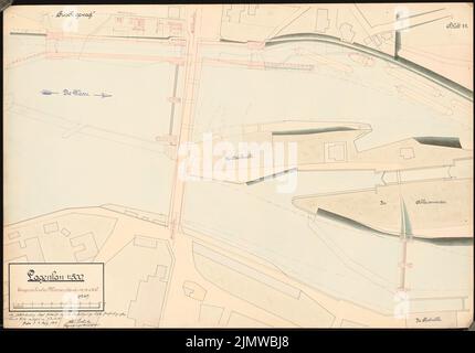 Protscher Otto, Umbau der Militär- und Schleusenanlagen in der Weser bei Hameln. Schinkel-Wettbewerb 1912 (03/12/1912): Lageplan 1: 500. Tinte, farbiger Aquarell auf der Schachtel, 69,5 x 99,4 cm (inklusive Scankanten) Protscher Otto : Umbau der Wehr- und Schleusenanlagen in der Weser bei Hameln. Schinkelwettbewerb 1912 Stockfoto