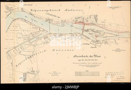 Protscher Otto, Umbau der Militär- und Schleusenanlagen in der Weser bei Hameln. Schinkel-Wettbewerb 1912 (03/12/1912): Abteilung 1: 2000. Tinte, überdruckfarbige Tinte auf Karton, 71,5 x 110,9 cm (inklusive Scankanten) Protscher Otto : Umbau der Wehr- und Schleusenanlagen in der Weser bei Hameln. Schinkelwettbewerb 1912 Stockfoto