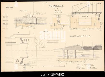 Protscher Otto, Umbau der Militär- und Schleusenanlagen in der Weser bei Hameln. Schinkel Wettbewerb 1912 (03/12/1912): Mittelhand: Ansicht, Schnitte, Grundriß 1: 100. Tinte, farbiger Aquarell auf der Schachtel, 69,7 x 101,4 cm (inklusive Scankanten) Protscher Otto : Umbau der Wehr- und Schleusenanlagen in der Weser bei Hameln. Schinkelwettbewerb 1912 Stockfoto