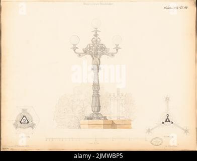 Unbekannter Architekt, Gusseisen Kandelaber. Monatlicher Wettbewerb 1877. Februar (02,1877): Grundriß Fuß, Lampenteil; Meinung; Skala bar. Bleistift-Aquarell auf der Schachtel, 44,9 x 58,7 cm (einschließlich Scankanten) N.N. : Gusseiserner Kandelaber. Monatskurrenz Februar 1877 Stockfoto