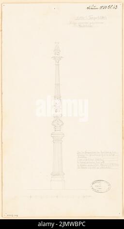 Unbekannter Architekt, Gusseisen Kandelaber. Monatlicher Wettbewerb Februar 1877 (02,1877): Ansicht; Skalenbalken, erläuternder Text. Bleistift auf Karton, 40,7 x 23,2 cm (einschließlich Scankanten) N.N. : Gusseiserner Kandelaber. Monatskurrenz Februar 1877 Stockfoto