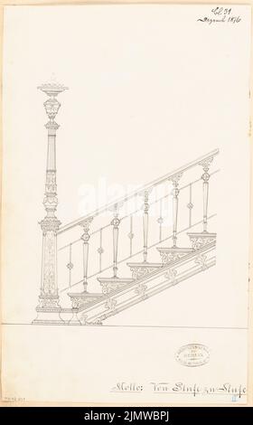 Unbekannter Architekt, gusseiserne Treppe mit Kandelaber. Monatlicher Wettbewerb Dezember 1876 (12,1876): Obere Seitenansicht. Tinte auf Papier, 41,8 x 26 cm (einschließlich Scankanten) N.N. : Gusseiserne Treppe mit Kandelaber. Monatskurrenz Dezember 1876 Stockfoto