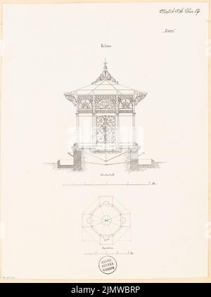 Unbekannter Architekt, Volière. Monatlicher Wettbewerb August 1876 (08,1876): Grundriß, Querschnitt; Streifen im Maßstab 1:2. Tinte auf Papier, 52,6 x 39,1 cm (einschließlich Scankanten) N.N. : Volière. Monatskurrenz August 1876 Stockfoto