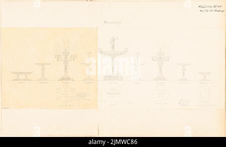 Hartung Adolf (1850-1910), Tischbefestigung. Monatlicher Wettbewerb August 1877 (08,1877): Ansicht von 8 Objekten 1: 5, eines von zwei Seiten; die beiden Kerzenständer und eine Schale mit Grundriß; Maßstab bar. Bleistift auf Papier, 46,4 x 76,7 cm (inklusive Scankanten) Hartung Adolf (1850-1910): Tafelaufsatz. Monatskurrenz August 1877 Stockfoto