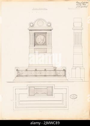 Thür Georg (1846-1924), Grabdenkmal für Geheimadrat Koch in Thale. Monatlicher Wettbewerb November 1877 (11,1877): 1. Entwurf: Grundriß, Vorderansicht des Vorfahren, Seitenansicht; Dimension. Tinte und Bleistift Aquarell auf der Schachtel, 58,1 x 43,7 cm (inklusive Scankanten) Thür Georg (1846-1924): Grabdenkmal für Geheimrat Koch, Thale. Monatskurrenz November 1877 Stockfoto