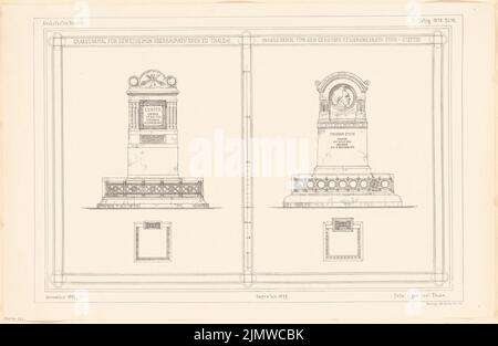 Thür Georg (1846-1924), Grabdenkmal für Geheimadrat Koch in Thale und für Geheimadrat Stein in Stettin. Monatswettbewerb November 1877 und Dezember 1877 (11,1877): Beide Designs in der Seitenansicht. Druck auf Papier, 36,1 x 55,3 cm (inklusive Scankanten) Thür Georg (1846-1924): Grabdenkmal für Geheimrat Koch, Thale und für Geheimrat Stein, Stettin. Monatskonkurrenz November 1877 und Dezember 1877 Stockfoto