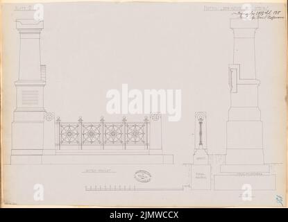 Hoffmann Emil (1845-1901), Grabdenkmal für Geheimrat Stein in Stettin. Monatlicher Wettbewerb 1877. Dezember (12,1877): Grundriss, beide Seitenansichten aufgerissen; Skalenbalken. Tinte auf Karton, 42,5 x 58,8 cm (inklusive Scankanten) Hoffmann Emil (1845-1901): Grabdenkmal für Geheimrat Stein, Stettin. Monatskurrenz Dezember 1877 Stockfoto
