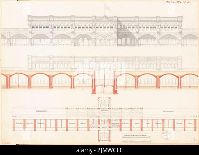 Unbekannter Architekt, Stadtbahnhof in Berlin. Monatlicher Wettbewerb August 1877 (08,1877): Grundriß 1: 300, offene Seitenansicht und Längsschnitt 1: 150; Streifen im Maßstab 2. Tusche Aquarell auf der Schachtel, 43,5 x 59,6 cm (einschließlich Scankanten) N.N. : Stadtbahnhof, Berlin. Monatskurrenz August 1877 Stockfoto