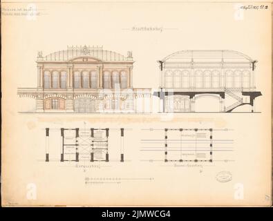 Unbekannter Architekt, Stadtbahnhof in Berlin. Monatlicher Wettbewerb im August 1877 (08,1877): Grundriß (zwei Ebenen), Seitenansicht, Längsschnitt; Streifen im Maßstab 2. Tusche Aquarell auf der Schachtel, 44,1 x 58,1 cm (einschließlich Scankanten) N.N. : Stadtbahnhof, Berlin. Monatskurrenz August 1877 Stockfoto