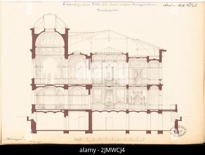 Unbekannter Architekt, Villa für einen Junggesellen. Monatlicher Wettbewerb Januar 1878 (01,1878): Längsschnitt; Skalenbalken. Tusche Aquarell auf der Schachtel, 30,7 x 43,3 cm (einschließlich Scankanten) N.N. : Villa für einem Junggesellen. Monatskurrenz Januar 1878 Stockfoto