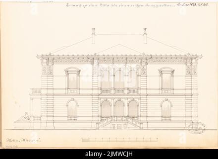 Unbekannter Architekt, Villa für einen Junggesellen. Monatlicher Wettbewerb im Januar 1878 (01,1878): Riss-Vorderansicht; Skalenbalken. Tinte auf Karton, 29 x 42,5 cm (einschließlich Scankanten) N.N. : Villa für einem Junggesellen. Monatskurrenz Januar 1878 Stockfoto