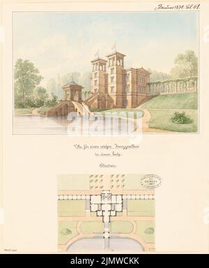 Unbekannter Architekt, Villa für einen Junggesellen. Monatlicher Wettbewerb Januar 1878 (01,1878): Lageplan, Perspektivansicht. Bleistift, wasserfarben auf Papier, 41,7 x 34,5 cm (einschließlich Scankanten) N.N. : Villa für einem Junggesellen. Monatskurrenz Januar 1878 Stockfoto