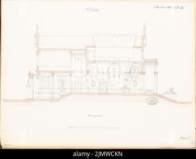 Unbekannter Architekt, Villa für einen Junggesellen. Monatlicher Wettbewerb Januar 1878 (01,1878): Längsschnitt; Skalenbalken. Tinte und Bleistift, Wasserfarben auf der Schachtel, 43,7 x 57,5 cm (einschließlich Scankanten) N.N. : Villa für einem Junggesellen. Monatskurrenz Januar 1878 Stockfoto