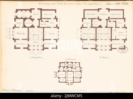 Unbekannter Architekt, Villa für einen Junggesellen. Monatlicher Wettbewerb Januar 1878 (01,1878): Grundriß Keller, Erdgeschoss, Obergeschoss; Scale-Bar. Tusche Aquarell auf der Schachtel, 30,1 x 43,1 cm (einschließlich Scankanten) N.N. : Villa für einem Junggesellen. Monatskurrenz Januar 1878 Stockfoto