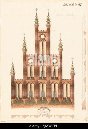 Unbekannter Architekt, Rathaus. Monatlicher Wettbewerb 1878. Mai (05,1878): Drehen des Giebel (Vorderansicht) mit vertikalem und horizontalem Schnitt; Skalenbalken. Bleistift-Aquarell auf der Schachtel, 35,1 x 25,1 cm (einschließlich Scankanten) N.N. : Rathaus. Monatskurrenz Mai 1878 Stockfoto