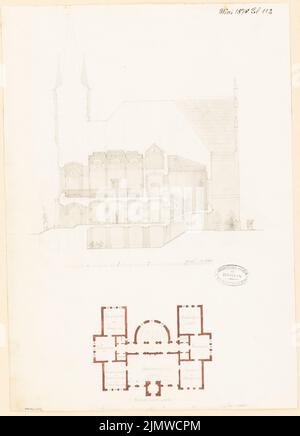 Unbekannter Architekt, Rathaus. Monatlicher Wettbewerb 1878. Mai (05,1878): Grundriß Obergeschoss 1: 300; Querschnitt 1.150; Streifen im Maßstab 2. Bleistift-Aquarell auf der Schachtel, 45,6 x 32,9 cm (einschließlich Scankanten) N.N. : Rathaus. Monatskurrenz Mai 1878 Stockfoto