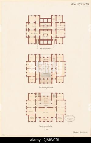 Unbekannter Architekt, Rathaus. Monatlicher Wettbewerb Mai 1878 (05,1878): Grundriss Keller, EG, OG 1: 300. Tusche Aquarell auf der Schachtel, 46,2 x 30,7 cm (einschließlich Scankanten) N.N. : Rathaus. Monatskurrenz Mai 1878 Stockfoto