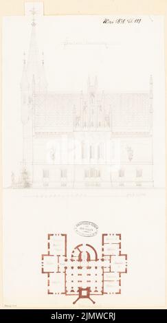 Unbekannter Architekt, Rathaus. Monatlicher Wettbewerb 1878. Mai (05,1878): Grundriss Keller; Riss Seitenansicht 1.150; Maßstabsbalken. Bleistift-Aquarell auf der Schachtel, 47,2 x 25,5 cm (einschließlich Scankanten) N.N. : Rathaus. Monatskurrenz Mai 1878 Stockfoto