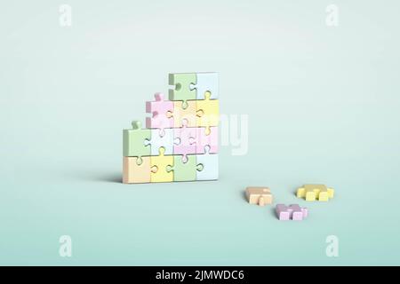 Unvollständiges Puzzle aufrecht mit Teilen, um es zu vervollständigen, Problemlösung, Metallgesundheit, Geschäftskonzept. 3D Darstellung rendern Stockfoto