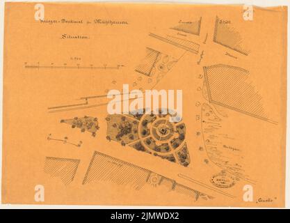 Unbekannter Architekt, ein gefallenes Denkmal in Mühlhausen. Monatlicher Wettbewerb August 1878 (08,1878): Lageplan. Tusche Aquarell auf transparent, 32 x 44,5 cm (inklusive Scankanten) N.N. : Gefallendendenkmal, Mühlhausen. Monatskurrenz August 1878 Stockfoto