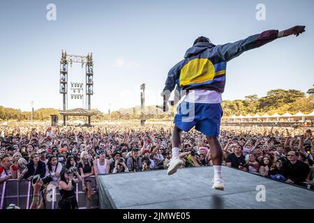 San Francisco, USA. 07. August 2022. Pusha T tritt auf der Lands End Stage während des Outside Lands 2022 Music and Arts Festival auf, das am 7. August 2022 im Golden Gate Bridge Park in San Francisco, CA, stattfindet. (Foto von Alive Coverage/Sipa USA) Quelle: SIPA USA/Alamy Live News Stockfoto