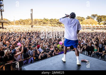 San Francisco, USA. 07. August 2022. Pusha T tritt auf der Lands End Stage während des Outside Lands 2022 Music and Arts Festival auf, das am 7. August 2022 im Golden Gate Bridge Park in San Francisco, CA, stattfindet. (Foto von Alive Coverage/Sipa USA) Quelle: SIPA USA/Alamy Live News Stockfoto