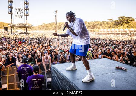 San Francisco, USA. 07. August 2022. Pusha T tritt auf der Lands End Stage während des Outside Lands 2022 Music and Arts Festival auf, das am 7. August 2022 im Golden Gate Bridge Park in San Francisco, CA, stattfindet. (Foto von Alive Coverage/Sipa USA) Quelle: SIPA USA/Alamy Live News Stockfoto