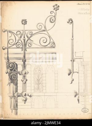 Unbekannter Architekt, Staorsbahn Station Stadtbahn in Berlin. Monatlicher Wettbewerb Oktober 1878 (10,1878): Träger: Ansicht und Schnitt; Maßstabsbalken. Bleistift-Aquarell auf der Schachtel, 59,7 x 45,9 cm (einschließlich Scankanten) N.N. : Bahnhof Börse der Stadtbahn, Berlin. Monatskurrenz Oktober 1878 Stockfoto