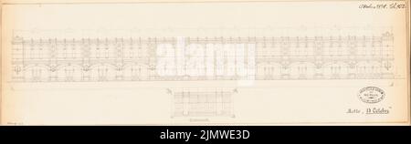 Becker Nicolaus, Bahnhof Staorsbahn in Berlin. Monatlicher Wettbewerb Oktober 1878 (10,1878): Obere Seitenansicht, Innenansicht der Fensterwand (Ausschnitt). Bleistift auf Karton, 18 x 58,9 cm (inklusive Scan-Kanten) Becker Nicolaus : Bahnhof Börse der Stadtbahn, Berlin. Monatskurrenz Oktober 1878 Stockfoto