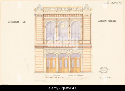 Unbekannter Architekt, Staorsbahn Station Stadtbahn in Berlin. Monatlicher Wettbewerb Oktober 1878 (10,1878): Riss-Seitenansicht (Sektion), dazu Teilgeschossplan S-Bahnboden, Teilgeschossflur Hallenwand; Scale-Bar. Tinte und Bleistift auf Karton, 33,4 x 48,8 cm (einschließlich Scankanten) N.N. : Bahnhof Börse der Stadtbahn, Berlin. Monatskurrenz Oktober 1878 Stockfoto