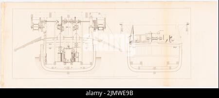 Unbekannter Autor, Dampfbagger zur Vertiefung der Fahrrinne in Stralsund (1834): Querschnitte durch die Baggerbarge (aus: Bau des preußischen Staates, Vol. 1, Bl. L 64, S. Stich auf Papier, 28,8 x 71,1 cm (inklusive Scankanten) unbek. Verfasser : Dampfmaschinen-Bagger für die Versteifung des Fahrwassers bei Stralsund. (Aus: Bauausführungen des preußischen Staates, Bd. 1) Stockfoto