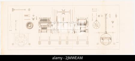 Unbekannter Autor, Dampfbagger zur Vertiefung der Fahrrinne in Stralsund (1834): Details zum Bagger (aus: Bau des preußischen Staates, Vol. 1, Bl. L 68, S. Stich auf Papier, 28,3 x 69,6 cm (inklusive Scankanten) unbek. Verfasser : Dampfmaschinen-Bagger für die Versteifung des Fahrwassers bei Stralsund. (Aus: Bauausführungen des preußischen Staates, Bd. 1) Stockfoto