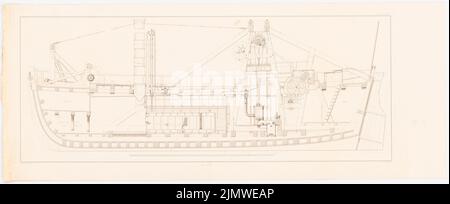 Unbekannter Autor, Dampfbagger zur Vertiefung der Fahrrinne in Stralsund (1834): Längsschnitt durch die Baggerbarge (aus: Bau des preußischen Staates, Vol. 1, Bl. L 65, S. Stich auf Papier, 28,6 x 69,9 cm (inklusive Scankanten) unbek. Verfasser : Dampfmaschinen-Bagger für die Versteifung des Fahrwassers bei Stralsund. (Aus: Bauausführungen des preußischen Staates, Bd. 1) Stockfoto