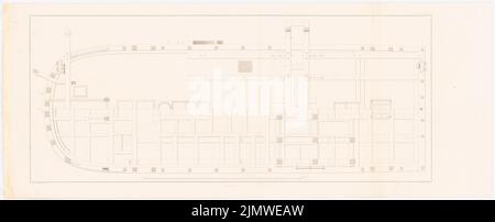 Unbekannter Autor, Dampfmaschinenbagger zur Vertiefung der Fahrrinne in Stralsund (1834): Horizontaler Schnitt durch die Baggerbarge (aus: Bau des preußischen Staates, Vol. 1, S. 66). Stich auf Papier, 28,2 x 69,7 cm (inklusive Scankanten) unbek. Verfasser : Dampfmaschinen-Bagger für die Versteifung des Fahrwassers bei Stralsund. (Aus: Bauausführungen des preußischen Staates, Bd. 1) Stockfoto